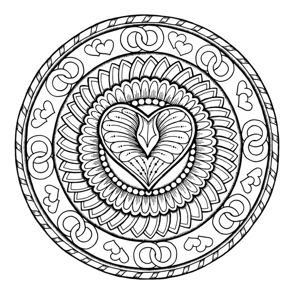 Kärlek tema. Cirkel tribal doodle prydnad med hjärta. Handritad konst mandala. Svart och vit etnisk bakgrund. Zentangle mönster för målarbok för vuxna och barn. — Stock vektor