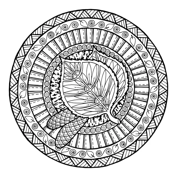 Najaar thema. Cirkel tribal doodle sieraad. Hand getekend birch leaf kunst mandala. Zwart-wit etnische achtergrond. Zentangle patroon van kleuren boek voor volwassenen en kinderen. — Stockvector
