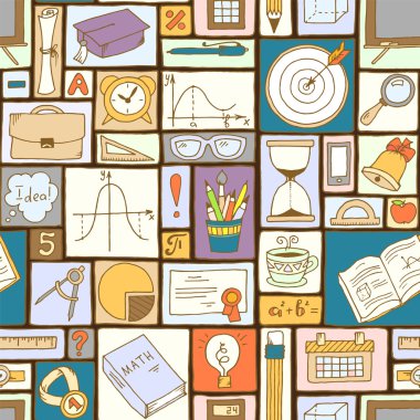 Matematik bilimi teması. Okul ve öğrenme hakkında sorunsuz el çizilmiş desen çizilmiş. Öğretmenler günü geçmişi. Matematik arka planı. Eğitim arka plan tasarımı.