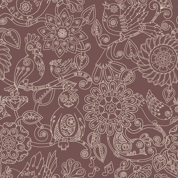 Doodle fondo sin costuras con aves steampunk y flores. Patrón étnico vectorial se puede utilizar para el papel pintado, relleno de patrones, invitaciones, portada del libro, páginas web. Patrón dibujado a mano . — Archivo Imágenes Vectoriales