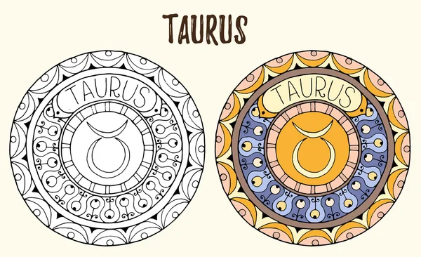 Zodiac signs theme. Black and white and colored mandalas with taurus zodiac sign. Zentangle mandala. Hand drawn mandala zodiac for tattoo art, printed media design, stickers, coloring book pages. — Stock Vector