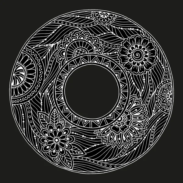 Tema Mandala. Patrón de corona floral con puntos, líneas y flores. Adorno de flores círculo blanco y negro . — Vector de stock