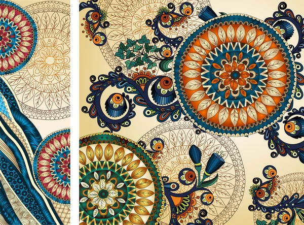 Set di cartoline floreali. Opera d'arte disegnata a mano con fiori astratti. Sfondo per il web, la progettazione di supporti stampati. Stile henné Mehendi. Bandiera, biglietto da visita, volantino, invito, biglietto d'auguri, cartolina . — Vettoriale Stock