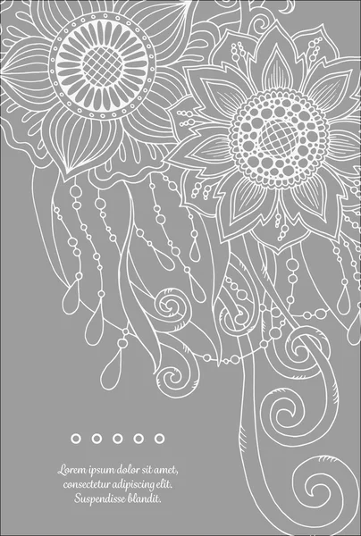 花のカード。抽象的な花で手描きのアートワーク。ウェブ、印刷されたメディアデザインの背景。メヘンディヘナ落書きスタイル。バナー、名刺、チラシ、招待状、グリーティングカード、はがき. — ストックベクタ