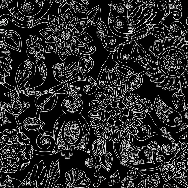 Doodle nahtlosen Hintergrund mit Steampunk Vögel und Blumen. Vektormuster können für Tapeten, Musterfüllungen, Einladungen, Buchumschläge, Webseiten verwendet werden. Handgezeichnetes Muster. — Stockvektor