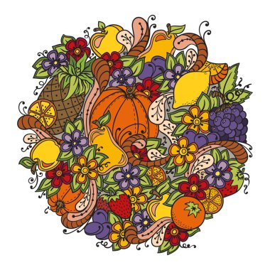 Meyveler, sebzeler, meyveler karalama. Sağlıklı gıda arka plan. Kabak, portakal, elma, armut, kiraz, çilek, limon, ananas, üzüm, erik ve çiçek ile Sonbahar desen.