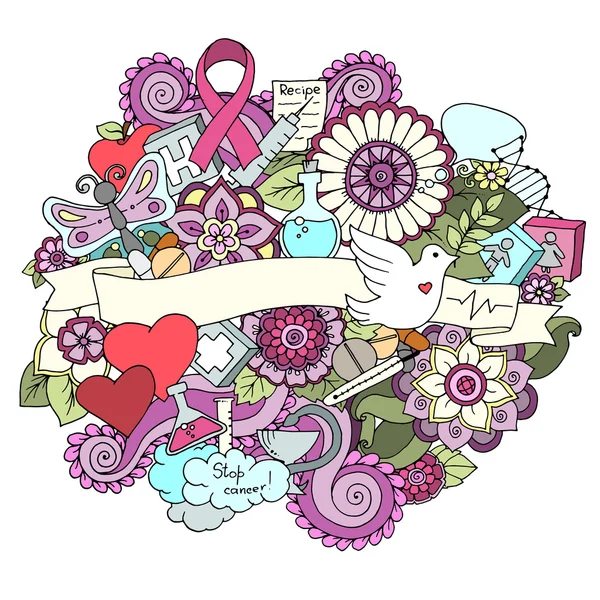 Breast cancer awareness month colorful doodle illustration. Medical Background — Stock Vector