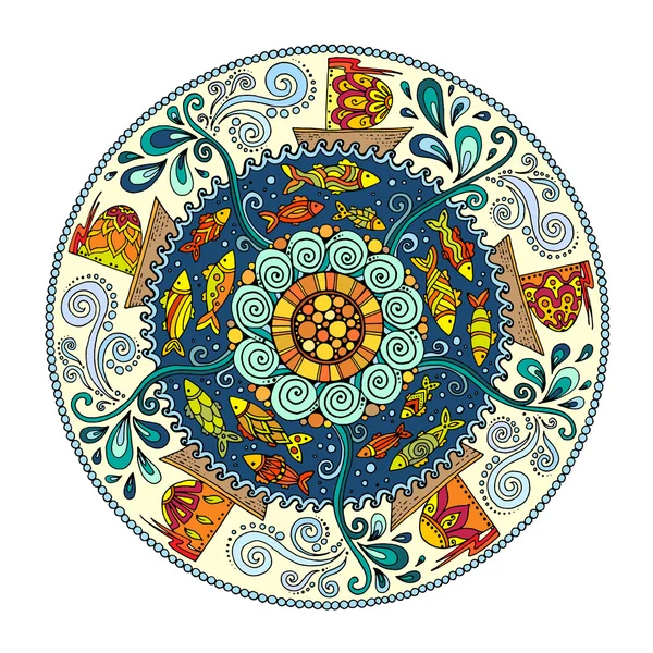 Mandala colorido étnico con adorno, peces, olas, viento y barcos . — Archivo Imágenes Vectoriales