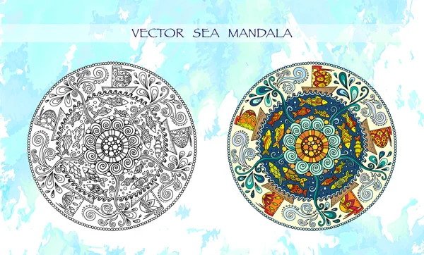 Mandalas coloridos étnicos con adornos, peces, olas, viento y barcos . — Vector de stock