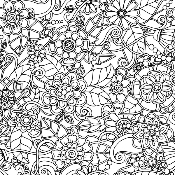 Zwart-wit naadloze hand getekende patroon met abstracte bloemen. — Stockvector