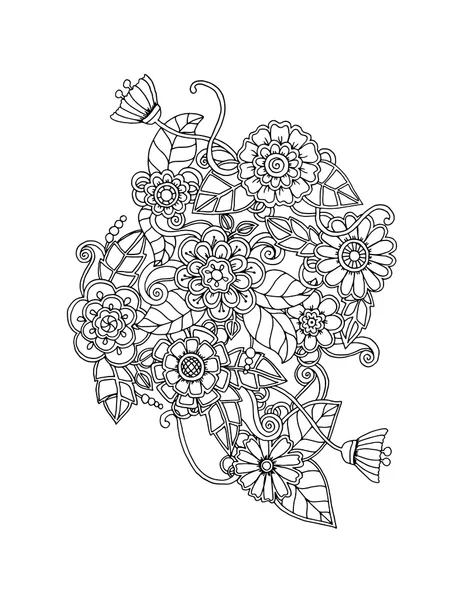 Etnické květinové zentangle, vzor květinové pozadí doodle v vektoru. Henna paisley mehndi čmáranice kmenové design prvek návrhu. Černobílý vzorek pro omalovánky pro dospělé a děti. — Stockový vektor