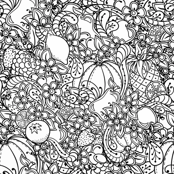 Fruits, vegetables, berries doodle. Healthy food background. Autumn seamless pattern with pumpkin, orange, apple, pear, cherry, strawberry, lemon, pineapple, grapes, plums and flowers. — Stock Vector