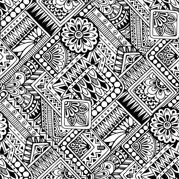 Бесшовный азиатский этнический цветочный ретро каракули черно-белый фон рисунок в векторе. Henna paisley mehndi doodles design tribal black and white pattern . — стоковый вектор