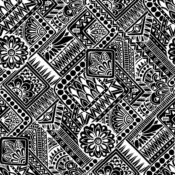 Sem costura asiático étnico floral retro doodle preto e branco fundo padrão no vetor. Henna paisley mehndi doodles design tribal padrão preto e branco . — Vetor de Stock