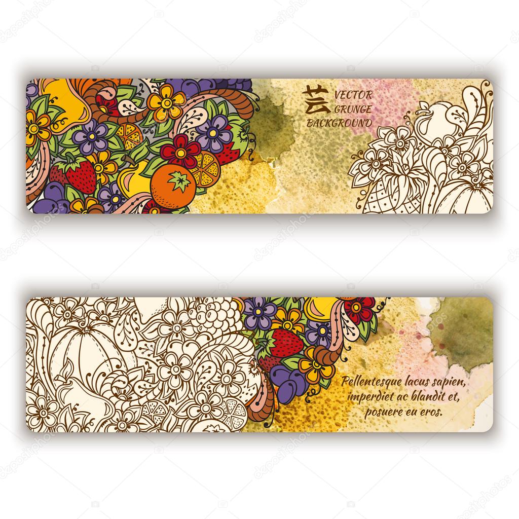 Banner vetorial de outono. Modelo de vetor com tinta aquarela e frutas,  legumes, bagas e flores fundo. Abóbora, laranja, maçã, pêra, cereja,  morango, limão, abacaxi, uvas, ameixas Vetor de stock de ©JuliaSnegireva, image size:1024x1024