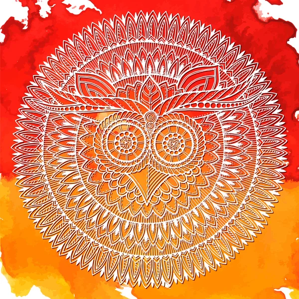 Motiv Ptáci mandala. OWL bílé mandaly s abstraktní etnické Aztécký ornament vzor na barevný akvarel zázemí. Sova nápis. Soví tetování. Zentangle inspirace. Stylizované etnické sova. — Stockový vektor