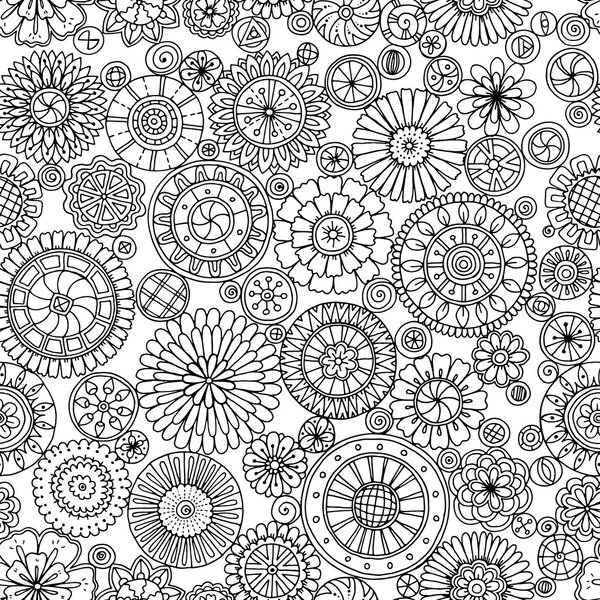 Бесшовный монохромный летний узор со стилизованными цветами по кругу
.