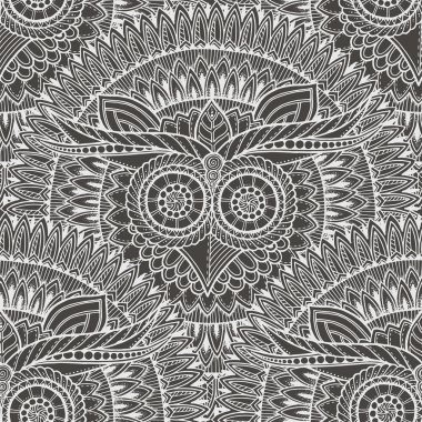 Sevimli baykuşlar mandala seamless modeli içinde. Siyah ve beyaz arka plan. Çocuklar bir yetişkin için kitap, sarma, baskı, kumaş, tekstil boyama. Tek renkli vektör çizim.