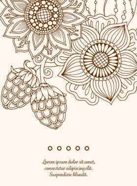 Metniniz için vintage kartı detaylı elle çizilmiş çiçek ve retro tarz meyveleri ile yer. Tarihi kartları, düğün davetiyesi çiçekleri ve dekoratif öğeler kaydedin. Çiçek davet ediyor, boho stili.