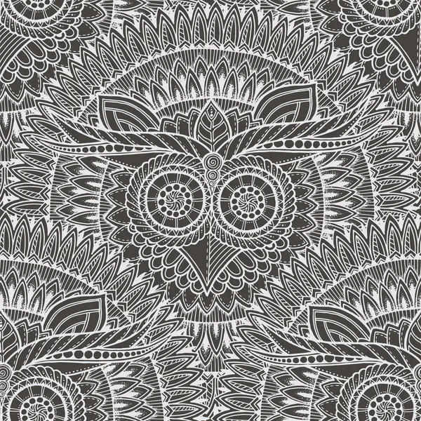 Niedlichen Eulen in Mandala nahtlose Muster. Schwarz-weißer Hintergrund. Für Erwachsene und Kinder Malbuch, Verpackung, Druck, Stoff, Textil. Monochrome Vektorillustration. — Stockvektor