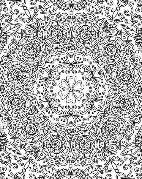Kaleidoscope theme. Vector Seamless Abstract Black and White Tribal Pattern. Hand Drawn Ethnic Texture. Page for adult antistress coloring book. — Stock Vector