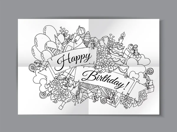 Happy Birthday Hintergrund für Karte. handgezeichnete Doodles Geschenkboxen, Girlanden und Luftballons, Party Blowouts, Kuchen und Bonbons, Geburtstagstorte, Party Hüte und Schleifen mit Gratulation "Happy Birthday" — Stockvektor