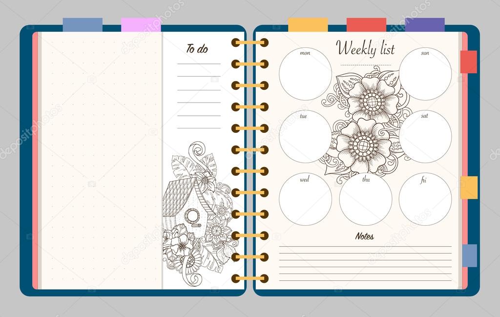 Weekly planner coloring page Stock Vector