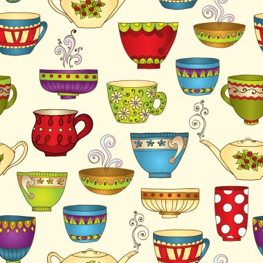doodle çaydanlık ve bardak ile sorunsuz çay desen.