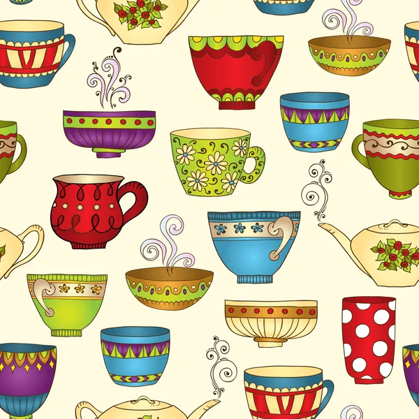 Seamless tea pattern with doodle teapots and cups. — Stock Vector