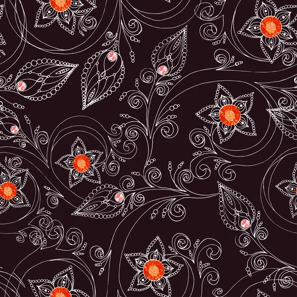 Seamless pattern with flowers, doodles, and rubies — Stock Vector