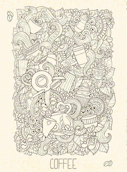 Ilustração de vetor de doodle de café desenhado à mão. Modelo de projeto . — Vetor de Stock