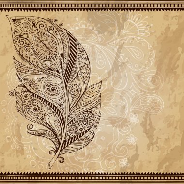 Sanatsal çizilmiş, stilize, aşiret grafik tüy el çekilmiş girdap doodle desenli vektör. Grunge arka plan. Resimde bir kişisel kroki izleme tarafından oluşturulur. Doodle tüy dizi.