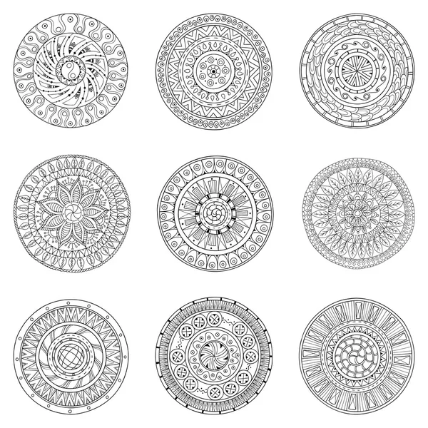 Set aus handgezeichneten Kreisen, Vektor-Logo-Designelementen. Doodle-Stil. Style Circle Mandala Vektor schwarz und weiß Hintergrund. Ornamentales rundes Muster. — Stockvektor