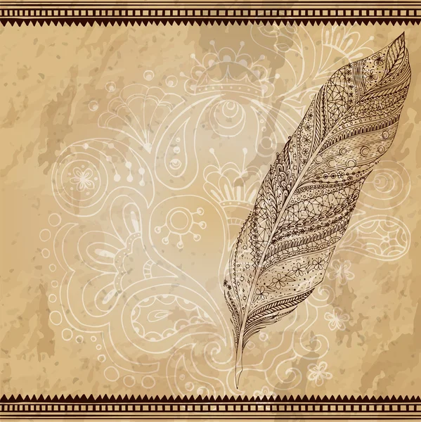 Artistically drawn, stylized, vector tribal graphic feather with hand drawn swirl doodle pattern. Grunge background. Illustration is created from a personal sketch by trace. Series of doodle feather. — Stock Vector