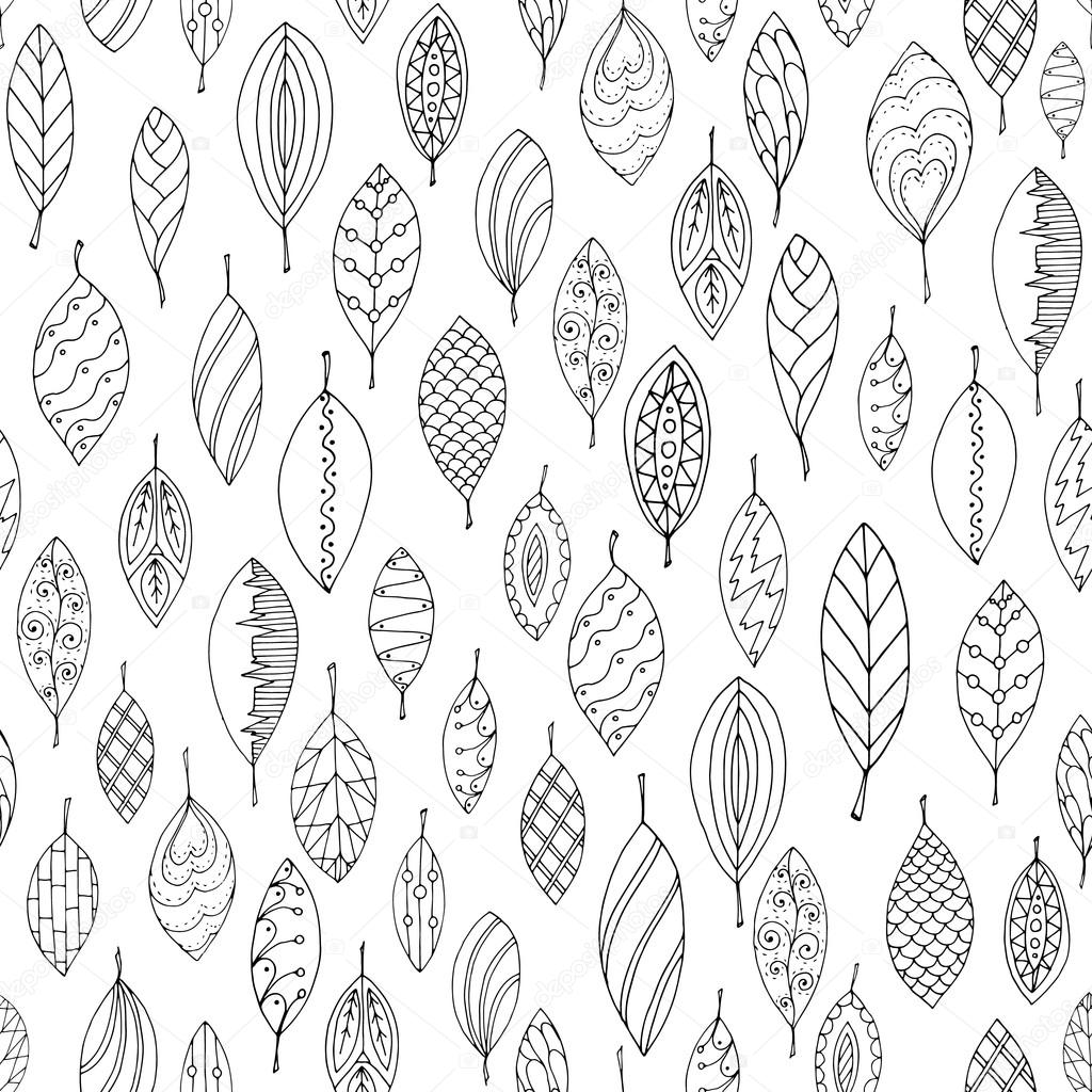 Autumn white and black seamless stylized leaf pattern in doodle style. Seamless decorative template texture with leaves. Used clipping mask for easy editing.