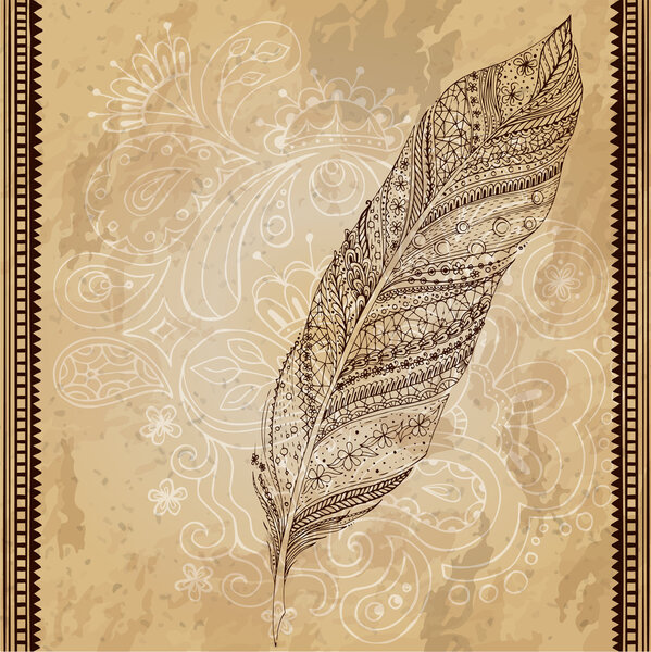 Artistically drawn, stylized, vector tribal graphic feather with hand drawn swirl doodle pattern. Grunge background. Illustration is created from a personal sketch by trace. Series of doodle feather.