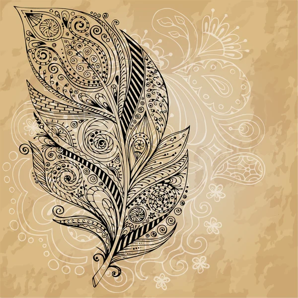 Artistically drawn, stylized, vector tribal graphic feathers with hand drawn swirl doodle pattern. Grunge background. Illustration is created from a personal sketch by trace. Series of doodle feather. — Stock Vector