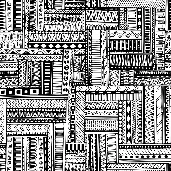 抽象的なストライプに幾何学的な部族のシームレス パターンをテクスチャ。黒と白のベクトルの背景. — ストックベクタ