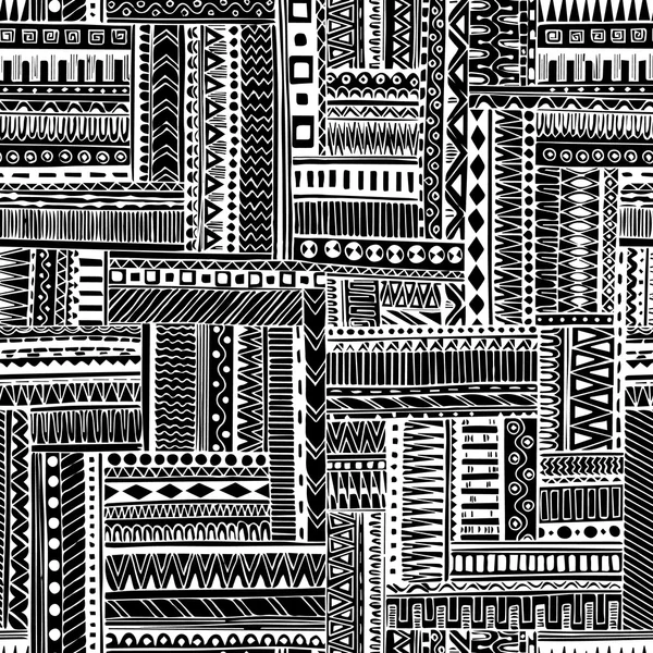 Modèle tribal sans couture géométrique texturé rayé abstrait. Vecteur fond noir et blanc . — Image vectorielle