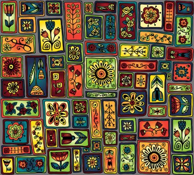 Seamless modeli. Doodle çiçekler, yapraklar, Kalpler.