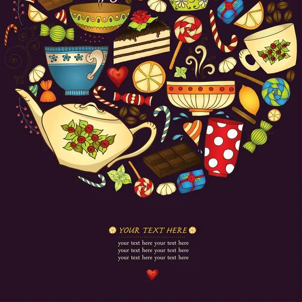 Thee, koffie en snoep doodle sjabloon patroon uitnodiging. — Stockvector