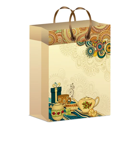 Bolsa de papel de compras de arte con patrón de té de desayuno — Archivo Imágenes Vectoriales