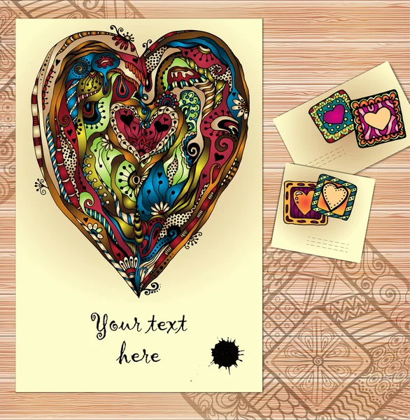 Doodle tribal vektor kärlek kort på trä. — Stock vektor