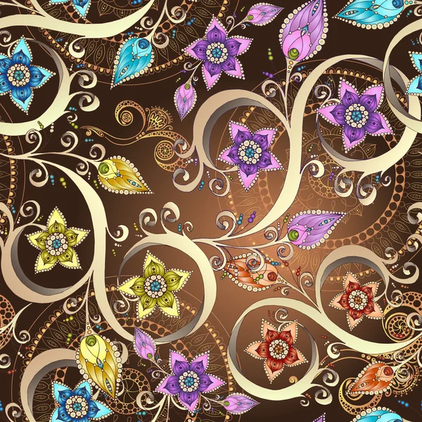 Decoratieve gekleurde bloemmotief met bloemen, krabbels en paisley. Naadloze vector achtergrond. — Stockvector