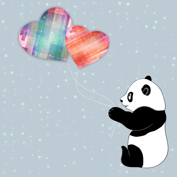 Stippen achtergrond met abstracte harten en panda. — Stockvector