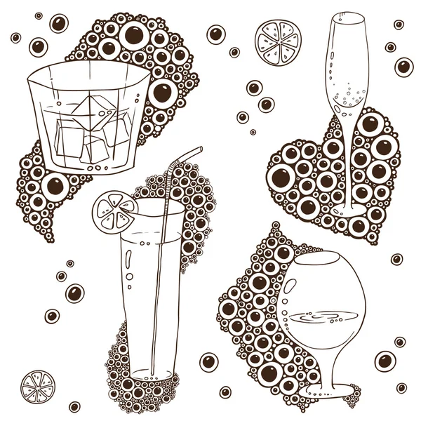 Set von Weinglas auf dem Doodle kreisförmigen Muster — Stockvektor