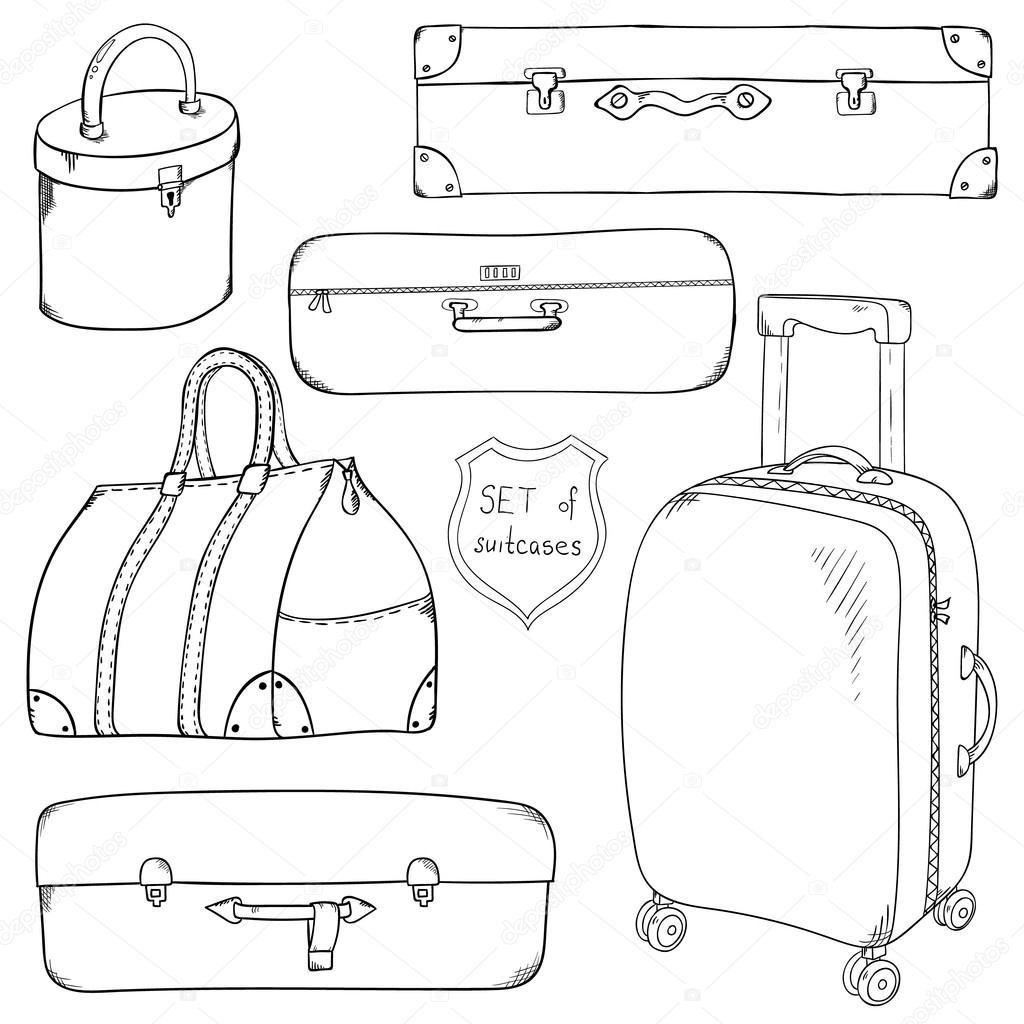 Vector Collection of vintage sketch suitcases.