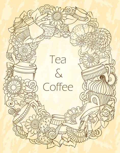 Koffie en thee schets Doodles patroon. — Stockvector
