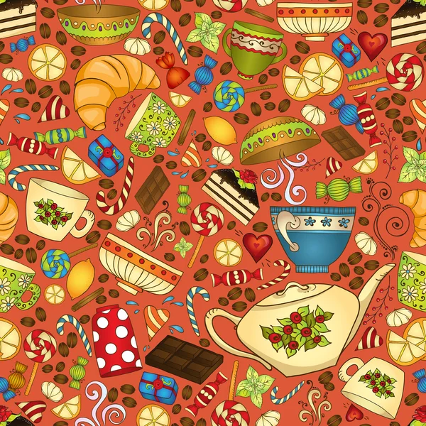 Tea, coffee and sweets seamless pattern. — Stock Vector