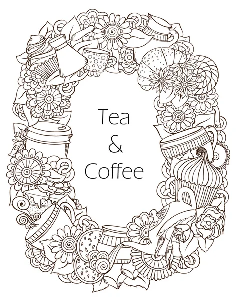 Koffie en thee schets Doodles patroon. — Stockvector